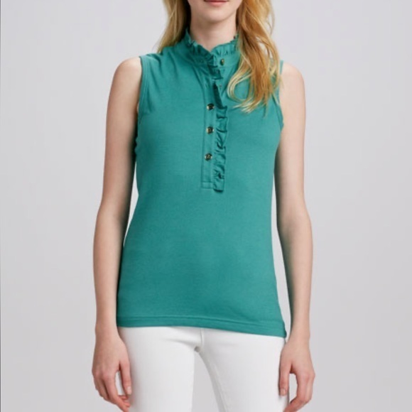 Tory Burch women's Sleeveless Lidia‎ Ruffle-Placket Polo Shirt.  Size Small - Picture 1 of 4